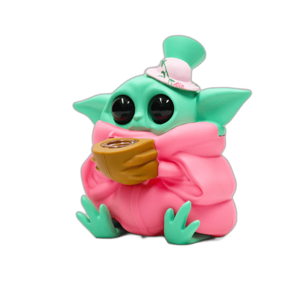 Baby Yoda Silicone Bong Pink with Grogu Hat Star Wars Baby Yoda with a hat — silicone collectible figure, pink, close-up shot