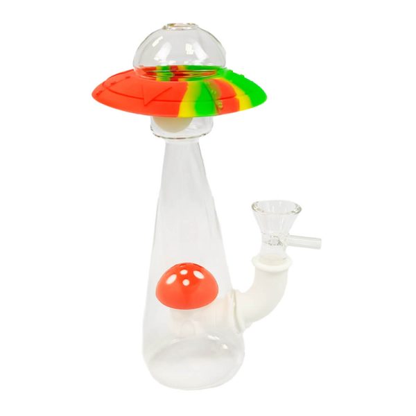 Grzybowe Statek Kosmiczny Szklano Silikonowe Bongo - świeci w ciemności 18cm Grzybowy Statek Kosmiczny: efekt glow-in-the-dark, ujęcie z bliska, 18 cm