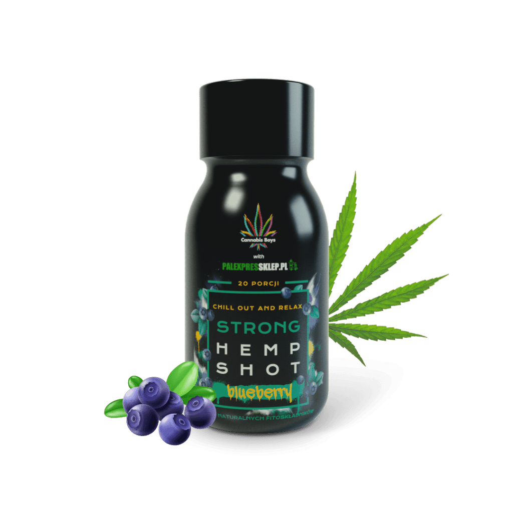 Bestseller Hemp Shot Blueberry Strong 100 ml: butelka shot konopny jagodowy