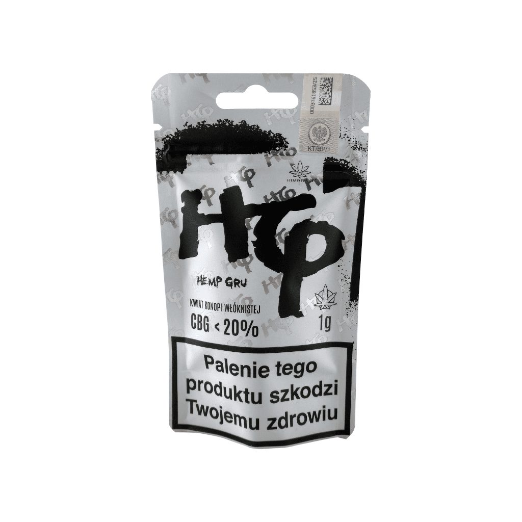 Hemp GRU 1 g - srebrny woreczek doypack z banderolą akcyzową KT/BP/1 i ustawowym ostrzeżeniem na froncie