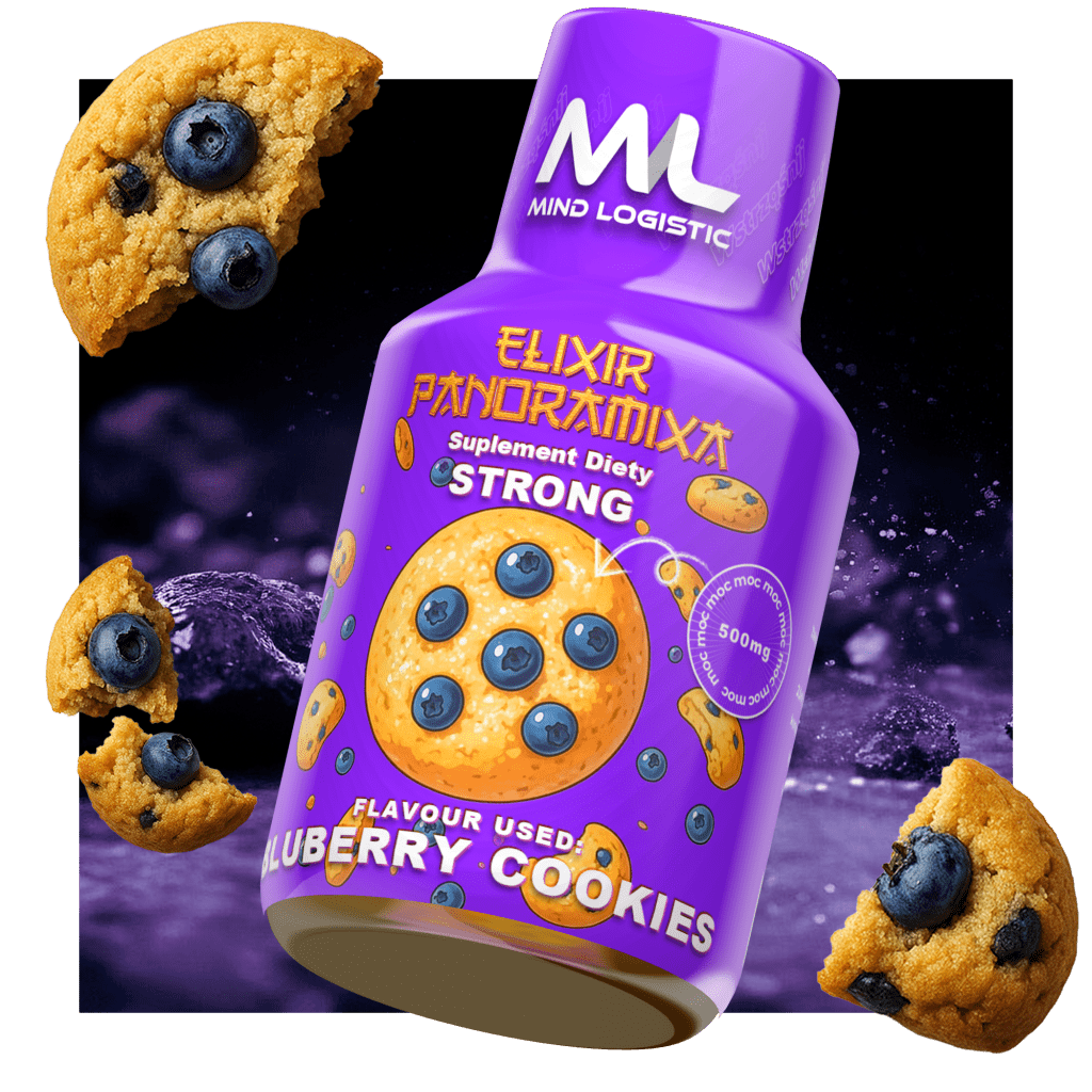 Elixir Panoramixa Blueberry Cookies - butelka 100 ml konopnego shotu, widok etykiety