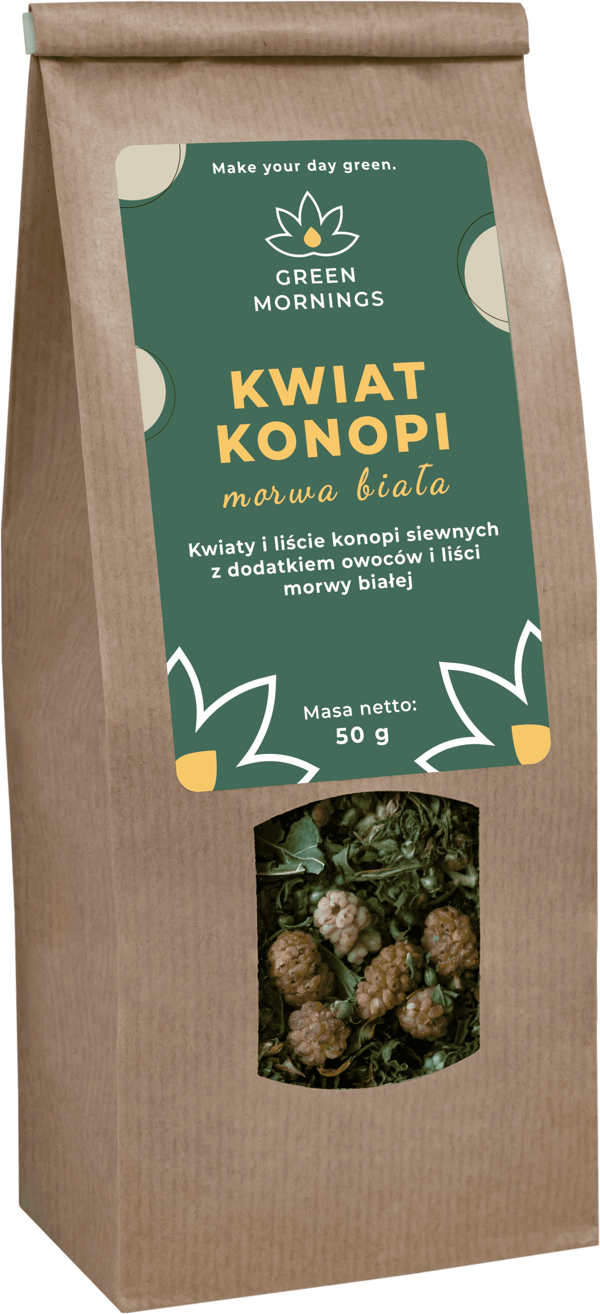 Herbata konopna morwa biała GreenMornings: opakowanie suszu 50 g, kwiatostany Finola