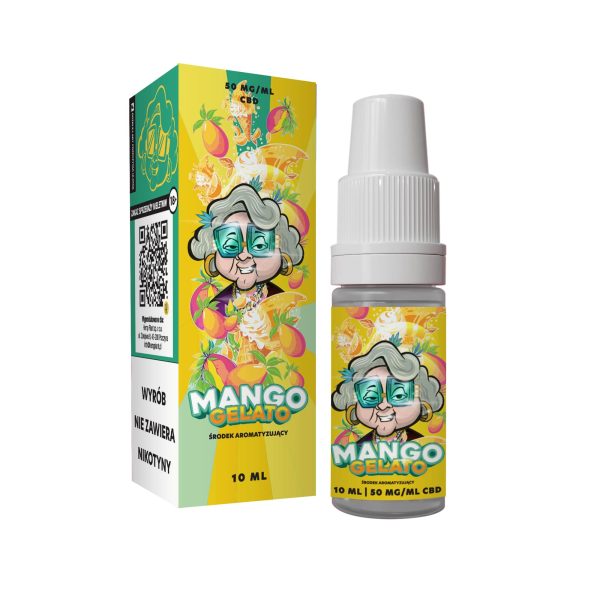 Liquid kannabidiol Mango Gelato 10ML 500MG Babcia Marysia Liquid Mango Gelato Babcia Marysia - pudełko i buteleczka 10 ml z zapisem 50 mg na mililitr
