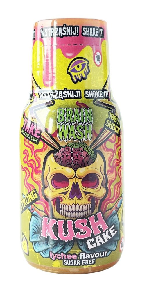 Shot Konopny Brain Wash CBD Shot 100 ml Kush Cake - butelka shota konopnego o deserowym smaku liczi