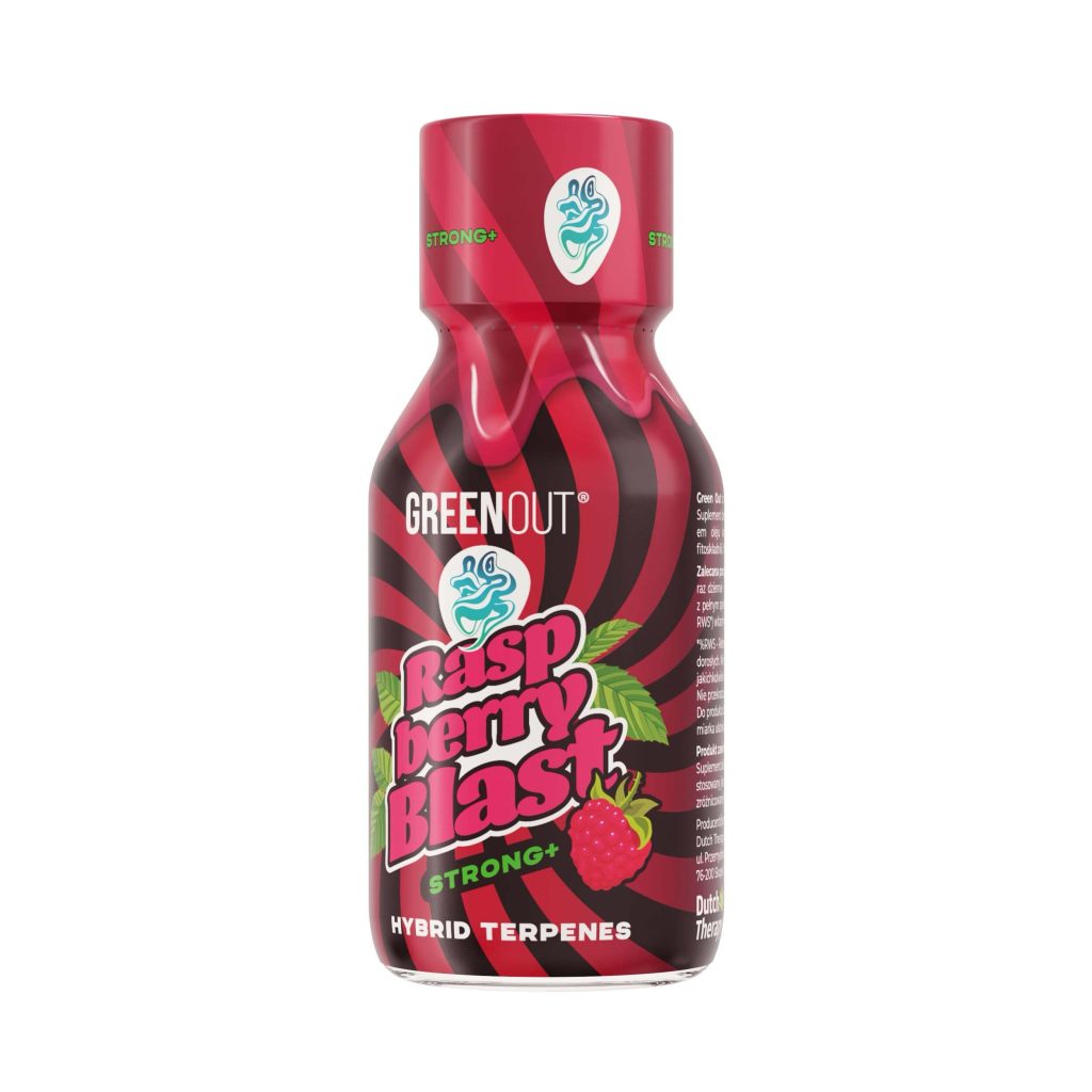 Shot konopny Green Out Raspberry Blast x Konopny Buch - butelka 100 ml, wariant STRONG+