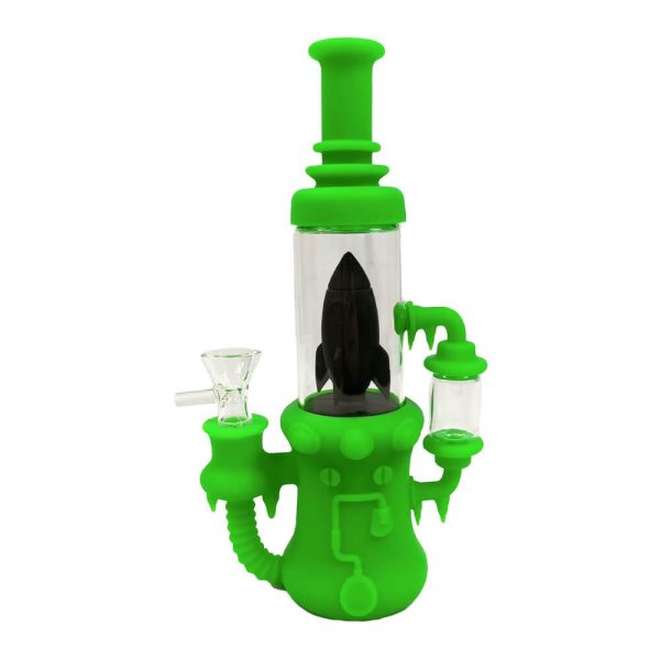 Statek kosmiczny Szklano Silikonowe Bongo Zielone - wyjmowane części 23cm Silikonowy gadżet Rakietowy Statek Kosmiczny 23 cm: zielona szklano-silikonowa figurka kolekcjonerska