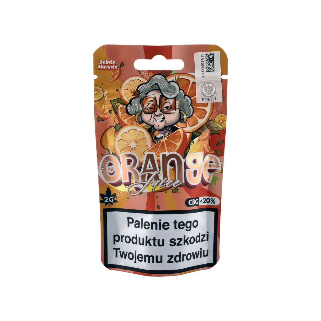 Susz Orange Juice 2 g Babcia Marysia - zamknięty doypack z nadrukiem i oznaczeniem zawartości