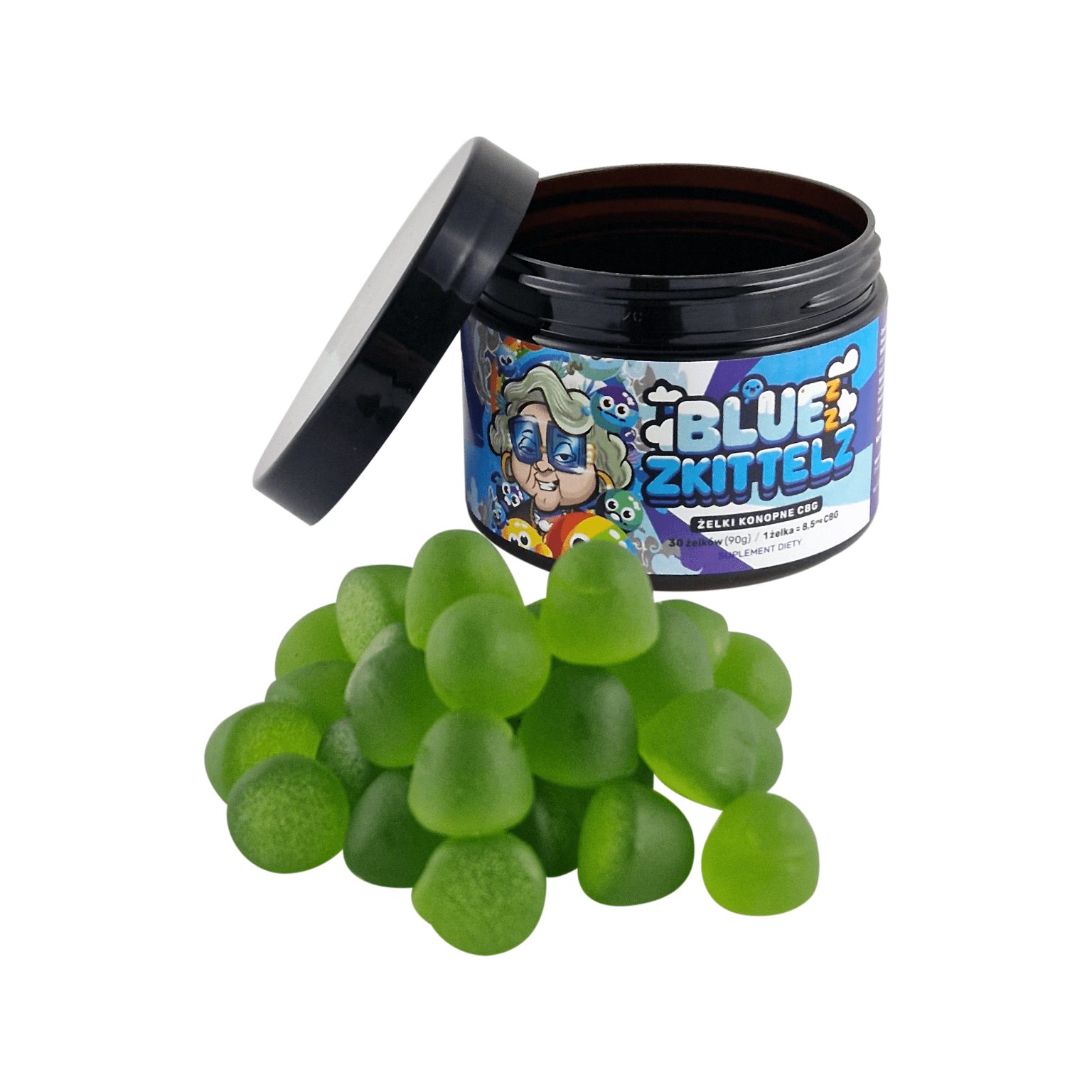 Żelki konopne Blue Zkittelz 250 mg Babcia Marysia: opakowanie z winogronowym smakiem i kannabigerolami