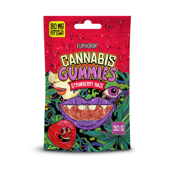 Żelki Euphoria Cannabis Strawberry Haze (50 g) Truskawkowy smak Euphoria żelki konopne Strawberry Haze 50 g – wegańskie żelki o smaku truskawkowym