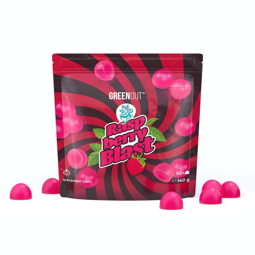 Raspberry Blast Green Out x Konopny Buch Gummies - 140 g package with raspberry flavor