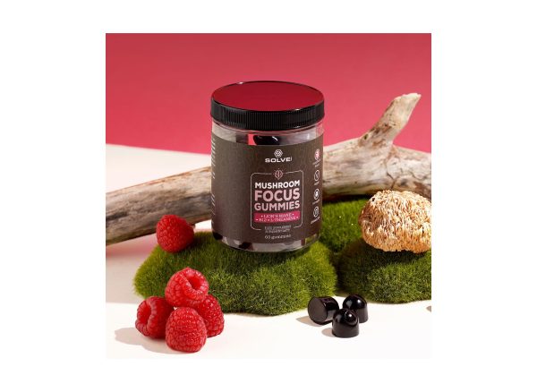 Mushroom Focus Gummies Solve Labs – Etikette der Verpackung 240 g mit Dosierung