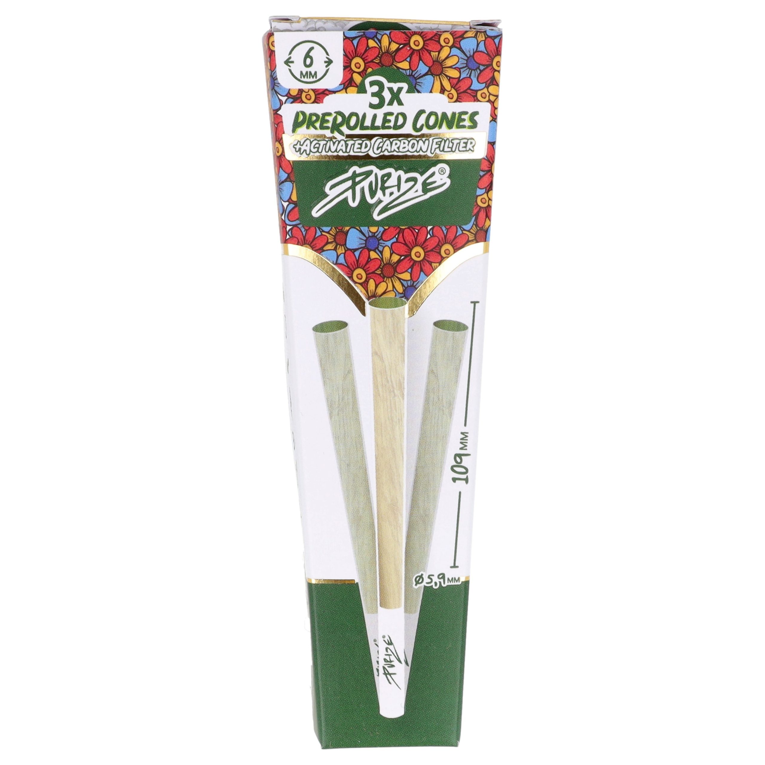 Purize Pre-Rolled Cones XTRA Slim - pudełko z trzema gotowymi stożkami i wbudowanym filtrem 6 mm