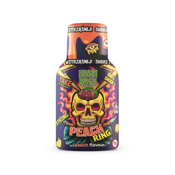 Shot konopny Brain Wash Peach Ring 100 ml — butelka z miarką, brzoskwiniowy smak