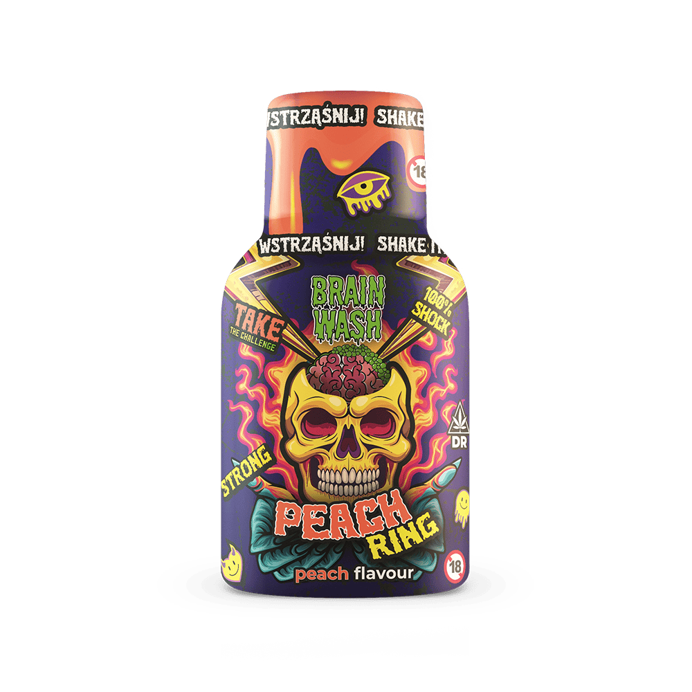 Shot konopny Brain Wash Peach Ring 100 ml - butelka shota konopnego o brzoskwiniowym smaku