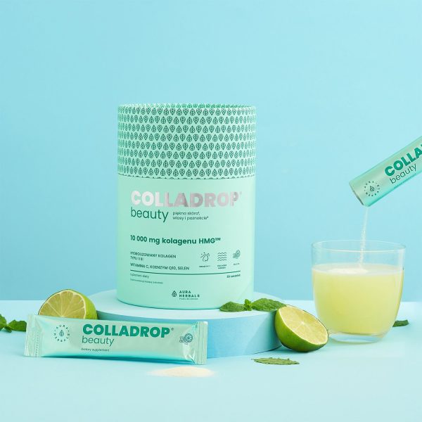 Colladrop® Beauty, kolagen HMG™ 10000 mg, mojito, saszetki 30 szt Colladrop Beauty mojito – kolagen 10000 mg w saszetkach o smaku mojito
