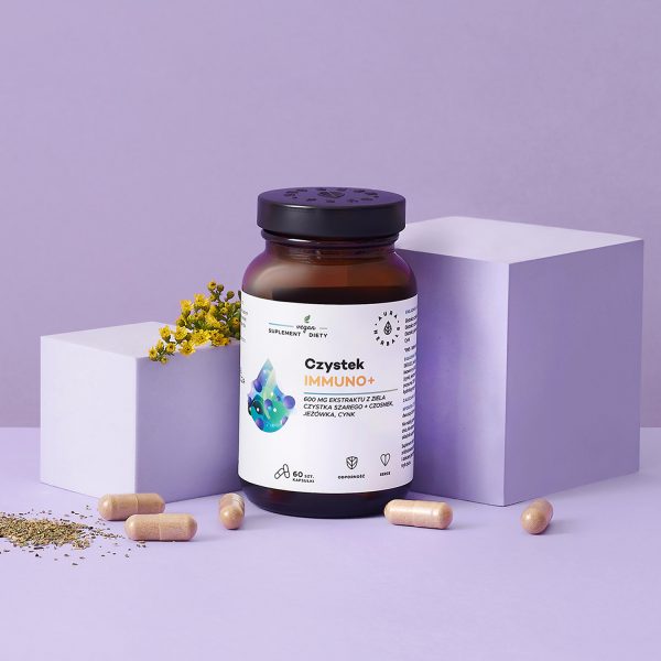 Czystek Immuno+, kapsułki 60 szt Kapsułki z ekstraktem z czystka Cistus incanus i czosnku: słoik 60 szt, ujęcie z bliska
