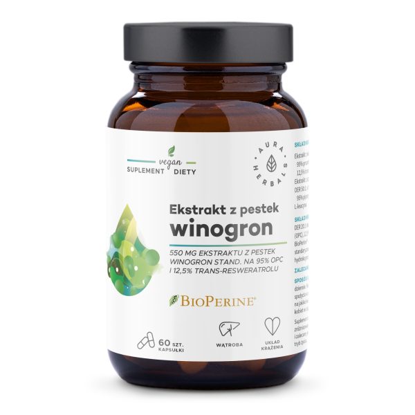 Ekstrakt z pestek winogron 550 mg 95% OPC: opakowanie 60 wegańskich kapsułek Aura Herbals