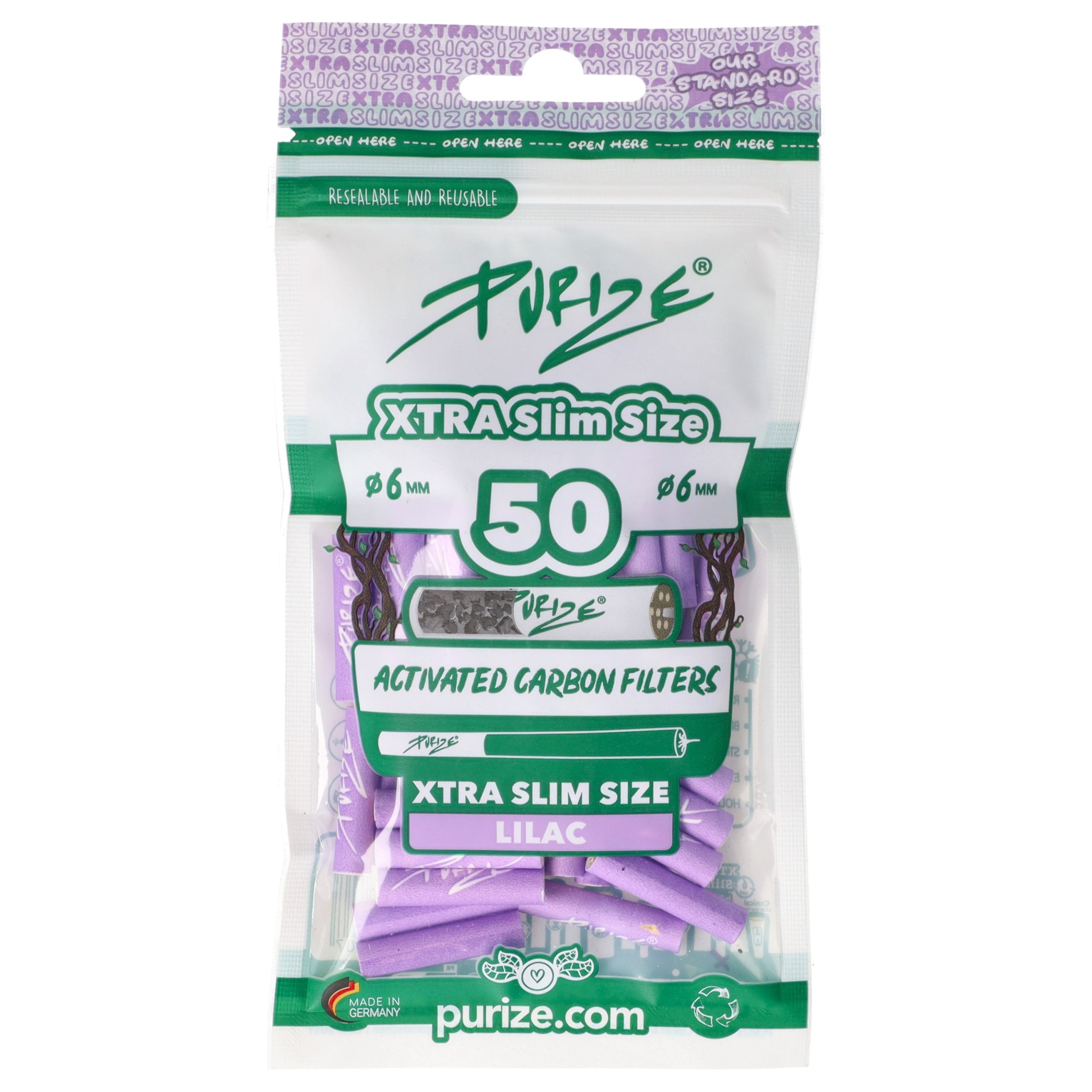 PURIZE XTRA Slim Lilac 50 szt. - liliowe filtry węglowe o średnicy 6 mm