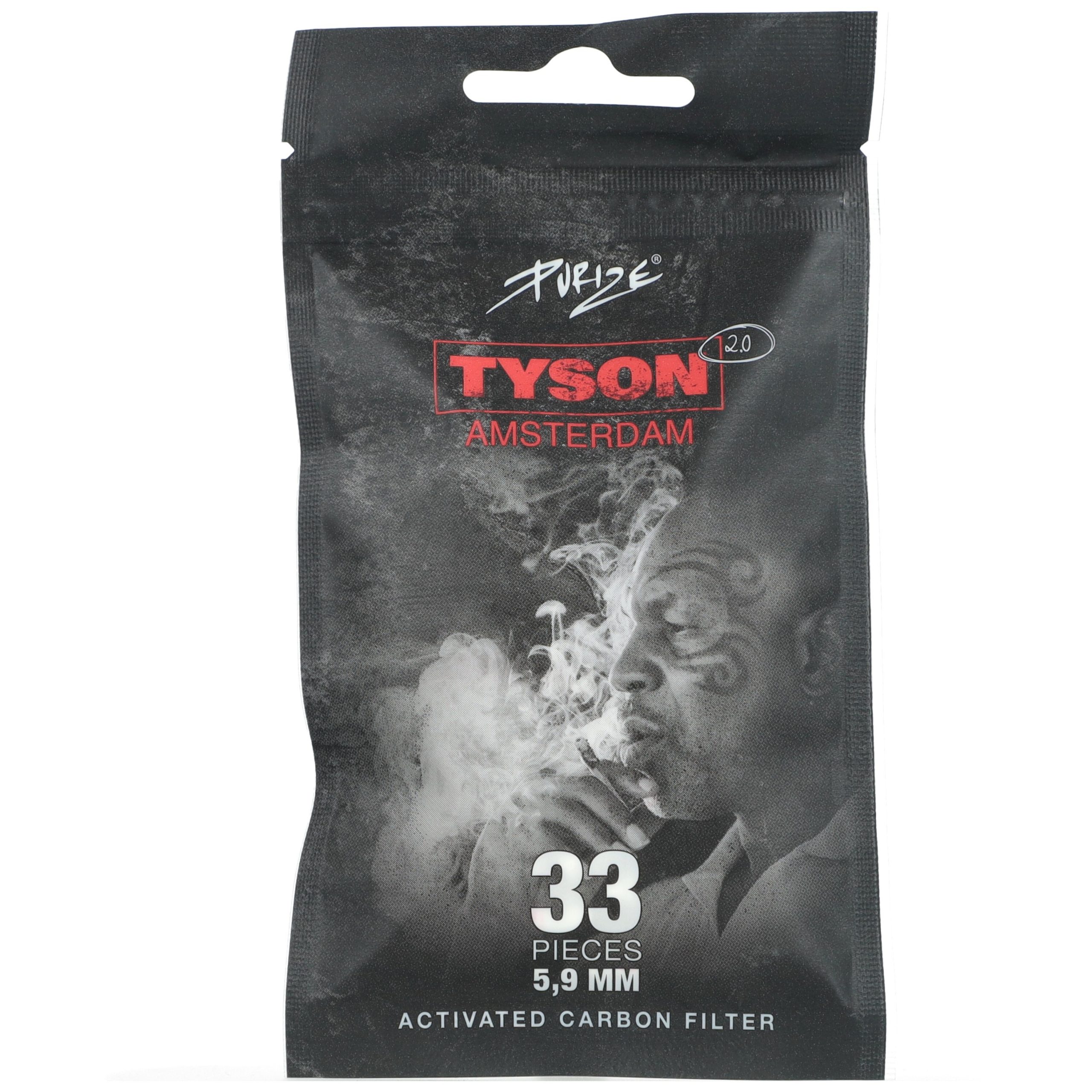 Filtry węglowe Purize x Tyson 2.0 XTRA Slim - czarny woreczek strunowy z 33 filtrami, wizerunkiem Tysona i logo marki