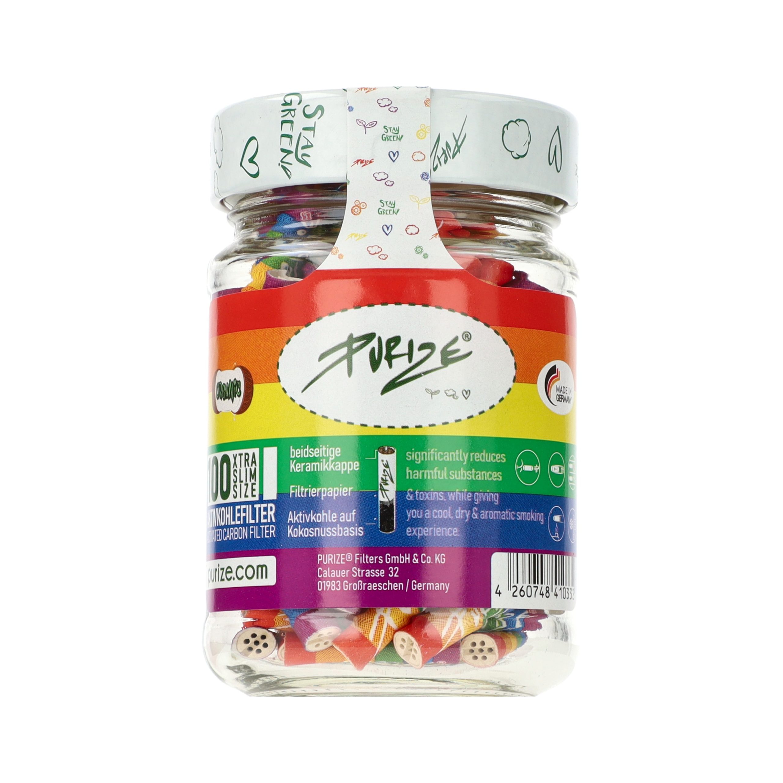 Filtry węglowe Purize XTRA Slim Rainbow - szklany słoik ze stoma filtrami o średnicy 6 mm