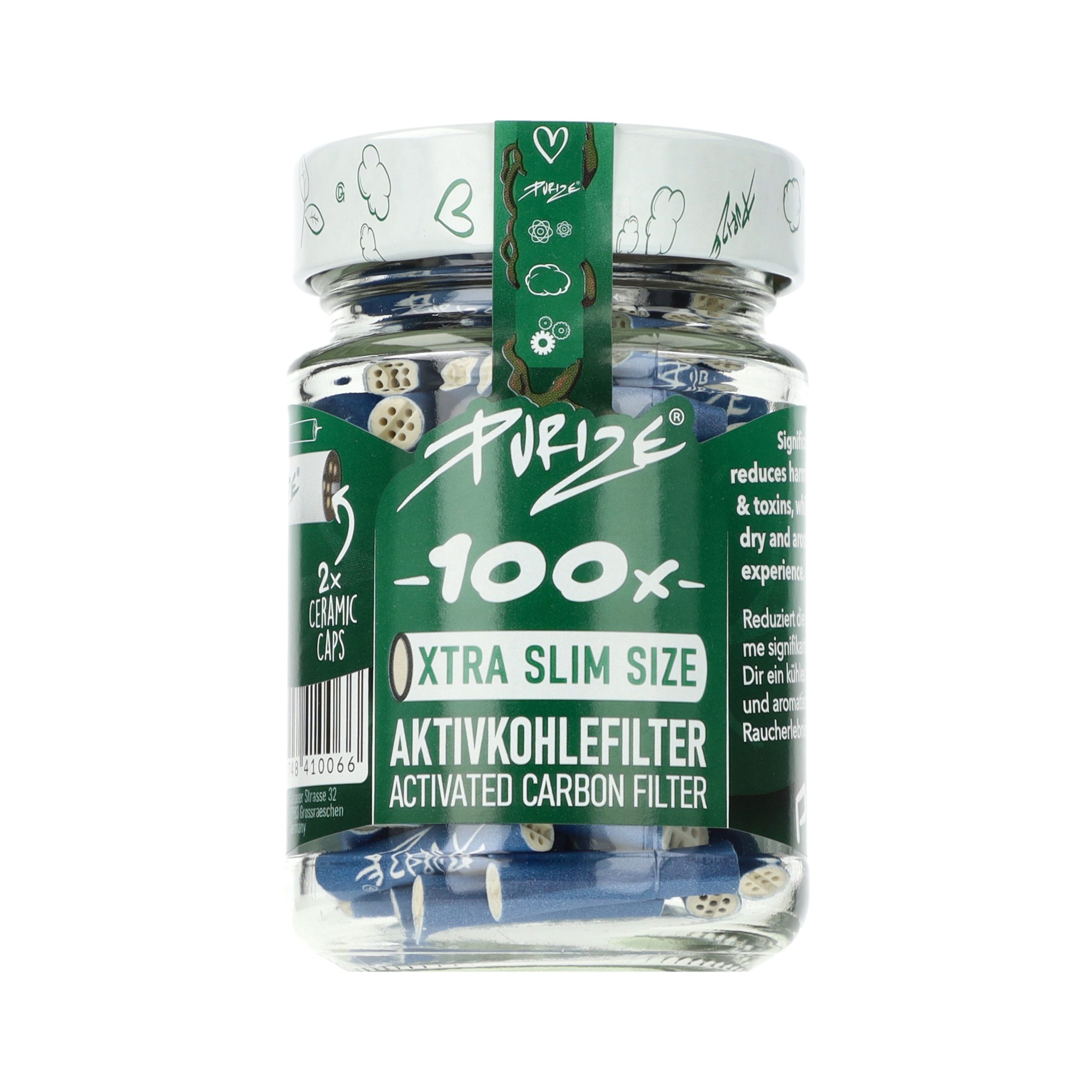 Filtry węglowe Purize XTRA Slim Blue 100 szt. śr. 6 mm: opakowanie produktu z kategorii Filtry