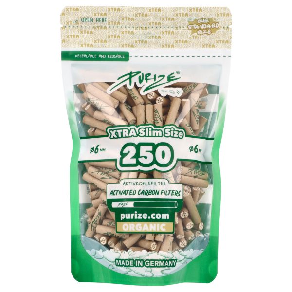 Filtry węglowe Purize XTRA Slim ORGANIC 250 szt. śr. 6 mm PURIZE XTRA Slim ORGANIC 250 szt. - woreczek z zapisem ORGANIC i filtrami w niebielonej owijce
