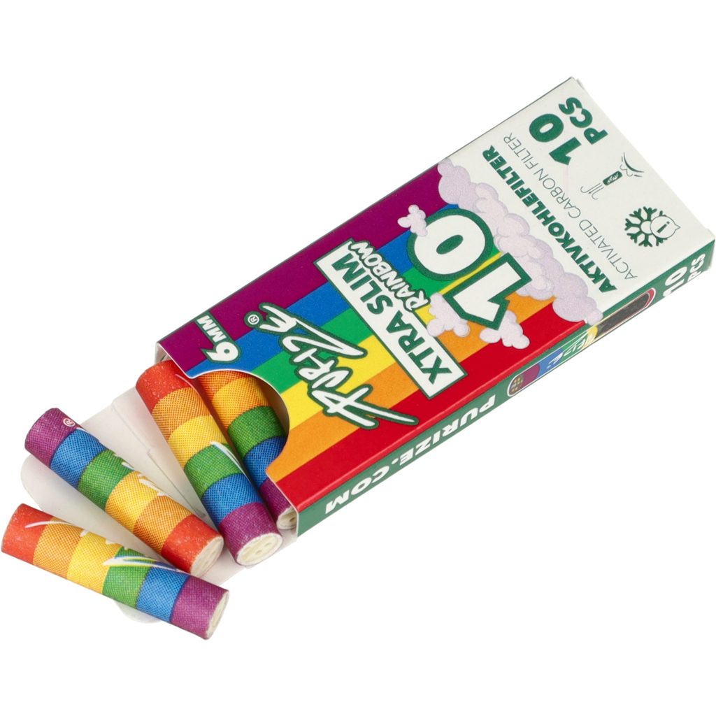 Filtry węglowe Purize XTRA Slim Rainbow - kartonik na 10 kolorowych filtrów o średnicy 6 mm