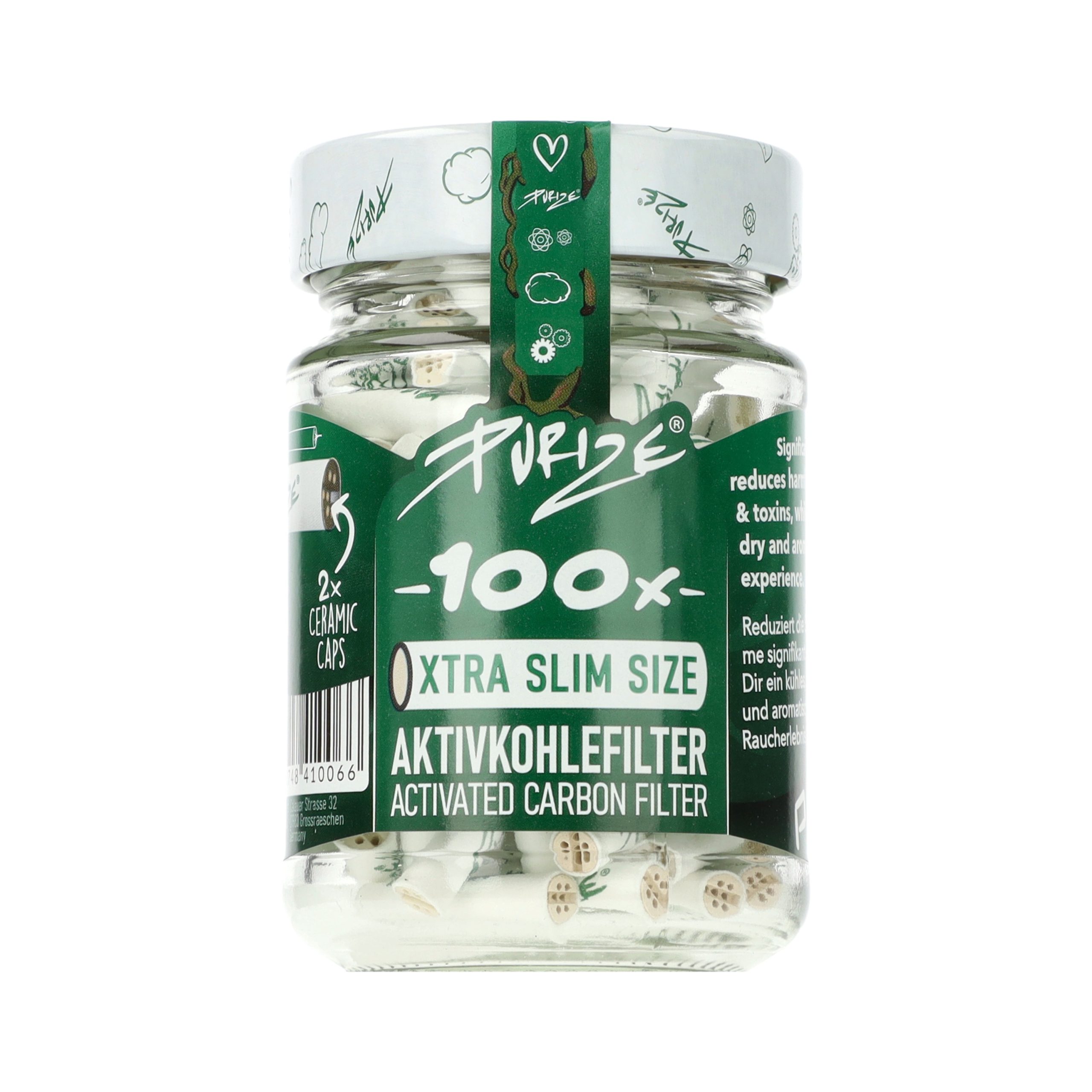 Filtry Purize XTRA Slim White 100 szt 6 mm: białe filtry w szklanym słoiku, aktywny węgiel kokosowy