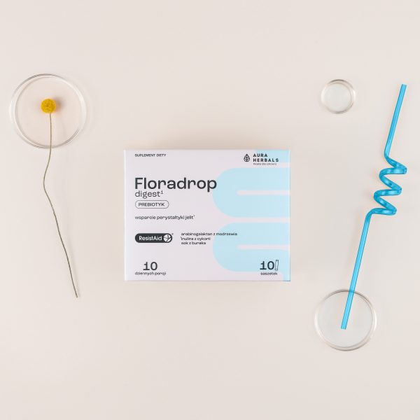 Floradrop digest¹, prebiotyk, saszetki 10 szt Saszetka Floradrop digest – prebiotyk z modrzewia amerykańskiego, ujęcie etykiety