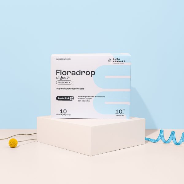 Floradrop digest¹, prebiotyk, saszetki 10 szt Prebiotyk Floradrop digest – wsparcie perystaltyki jelit, opakowanie Aura Herbals