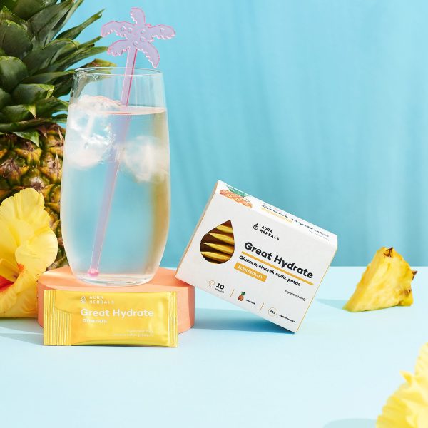Great Hydrate, elektrolity ananas, saszetki 10 szt Saszetki Great Hydrate ananas: orzeźwiające elektrolity 265 mOsm/l