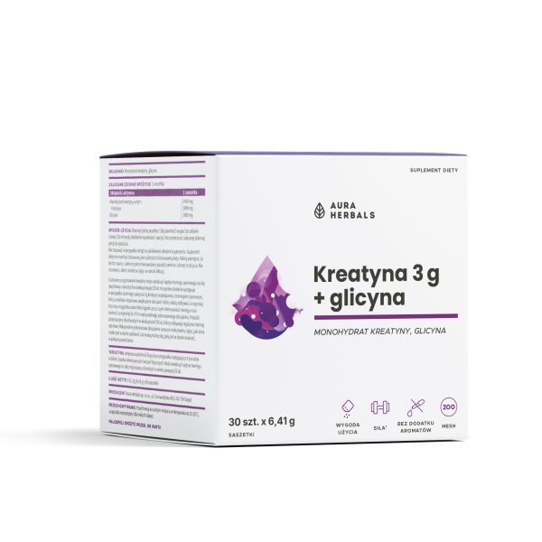 Kreatyna 3 g, monohydrat + glicyna, saszetki 30 szt Kreatyna 3 g monohydrat saszetki Aura Herbals, 30 sztuk z glicyną 3 g w porcji