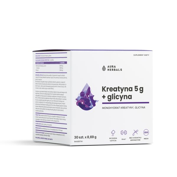 Kreatin 5 g Monohydrat Sachets Aura Herbals – 30 Stück mit 3 g Glycin pro Portion
