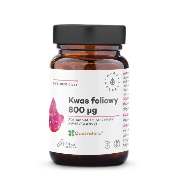 Kwas foliowy Quatrefolic 800 µg Aura Herbals: wegańskie kapsułki, opakowanie 60 sztuk