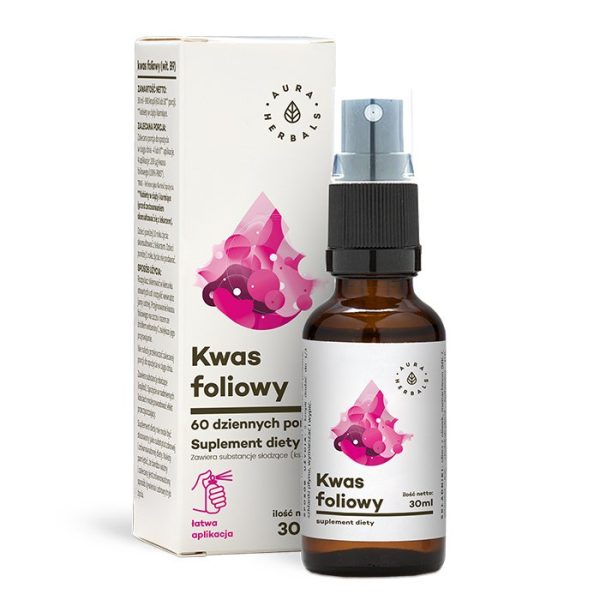 Kwas foliowy B9 aerozol 30 ml Aura Herbals: wegański spray o smaku mięty