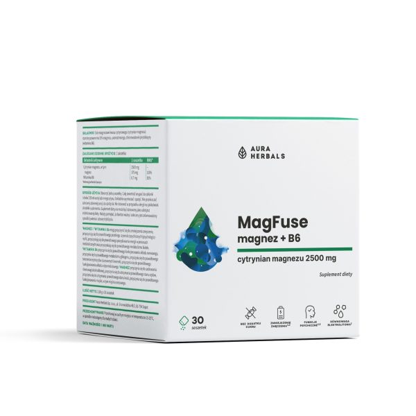 MagFuse: magnez + B6, saszetki 30 szt MagFuse magnez + B6 Aura Herbals, 30 saszetek z cytrynianem magnezu