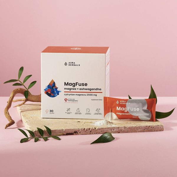 MagFuse: magnez + ashwagandha, saszetki 30 szt Saszetki MagFuse magnez ashwagandha: ujęcie etykiety