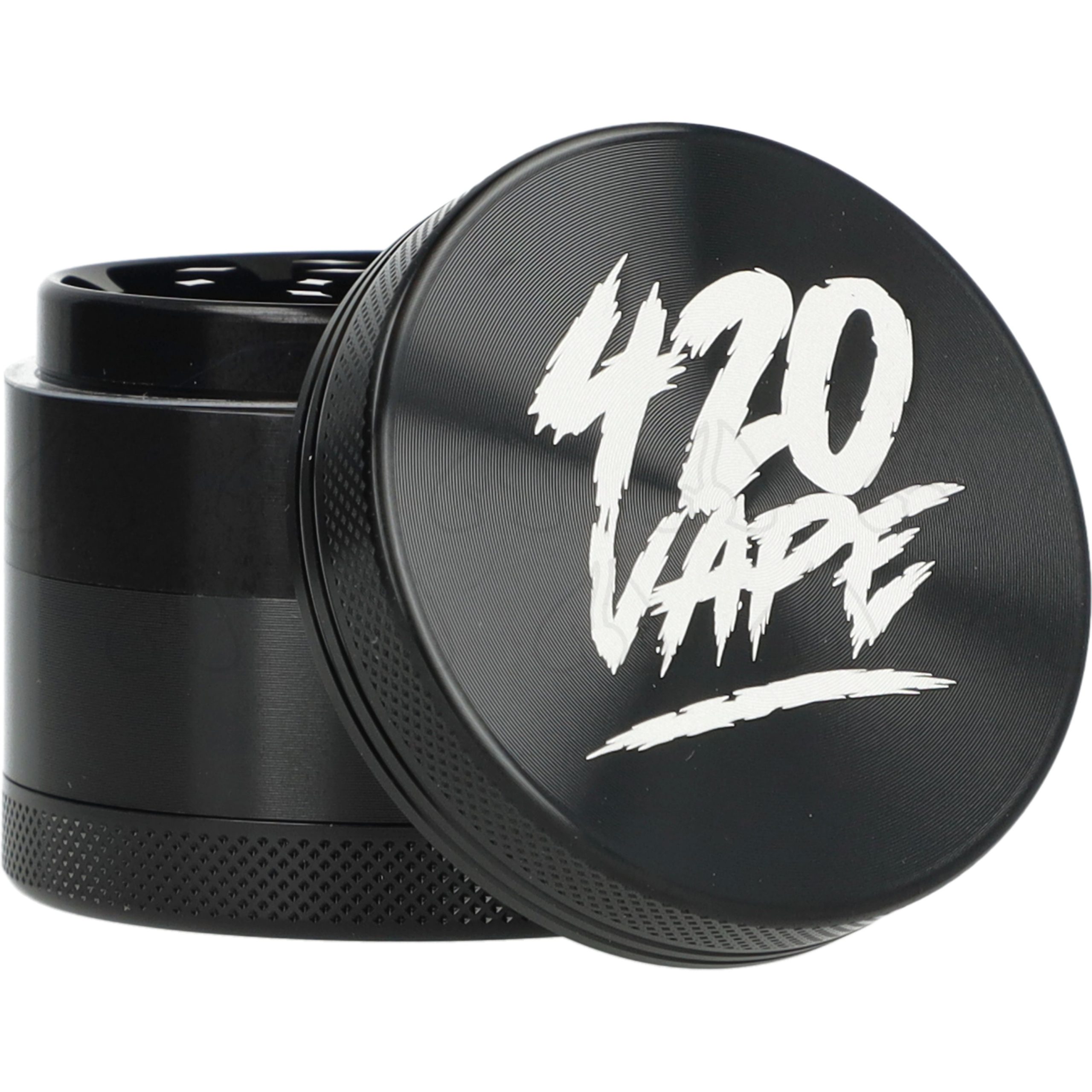 Młynek 420VAPE 55 mm z anodowanego aluminium: czarny czteroczęściowy grinder z logo na pokrywie