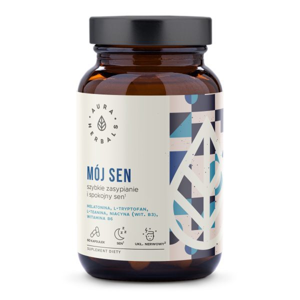 Mój Sen kapsułki Aura Herbals: wegański kompleks z melatoniną i L-tryptofanem, 60 sztuk