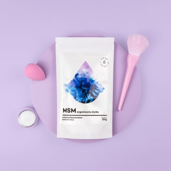 MSM, Organiczny Związek Siarki, proszek 200 g Proszek MSM 200 g: clean label, ujęcie etykiety z dawkowaniem (3)