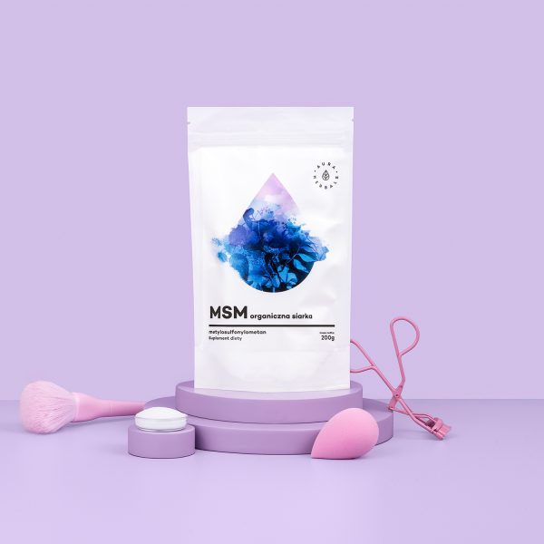MSM, Organiczny Związek Siarki, proszek 200 g Proszek MSM 200 g: clean label, ujęcie etykiety z dawkowaniem