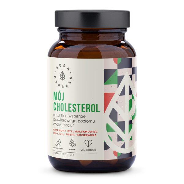 Mój Cholesterol Aura Herbals: opakowanie 60 wegańskich kapsułek z monakoliną K