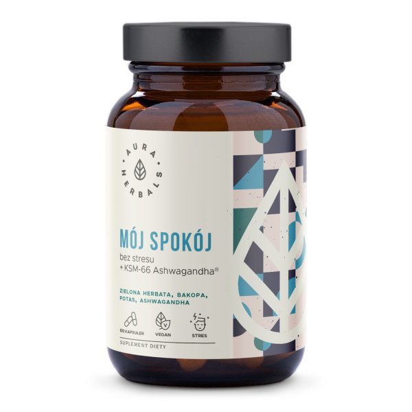 Mój Spokój KSM-66 Ashwagandha: opakowanie 60 wegańskich kapsułek Aura Herbals