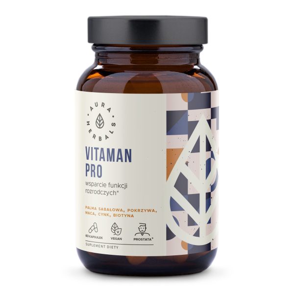 Vitaman Pro, wsparcie funkcji rozrodczych, kapsułki 60 szt Vitaman Pro Aura Herbals: opakowanie 60 wegańskich kapsułek z palmą sabałową