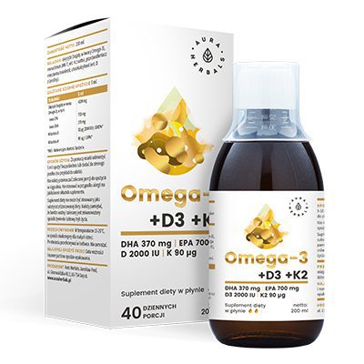 Omega-3 D3 K2 płyn 200 ml Aura Herbals: olej rybi z D3 z lanoliny i K2 MK-7 z natto