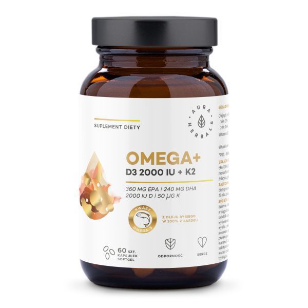 Omega+ Vitamin D3 2000 IU + K2 Aura Herbals – 60 Softgel-Kapseln mit Fischöl