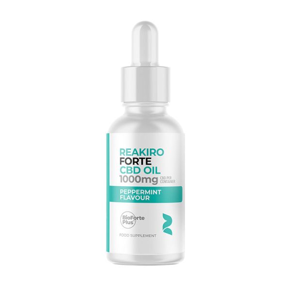 Olej kannabidiol FORTE 1000mg Peppermint 15ml Olej kannabidiol Forte 1000 mg mięta pieprzowa 15 ml Reakiro: buteleczka z pipetą, formuła Forte z BioForte Plus