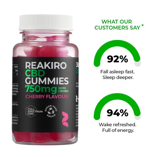 Żelki kannabidiol Vegan 750mg 30szt - Cherry Reakiro Cherry kannabidiol Gummies 750 mg, 30 wegańskich żelków bezcukrowych o smaku wiśni