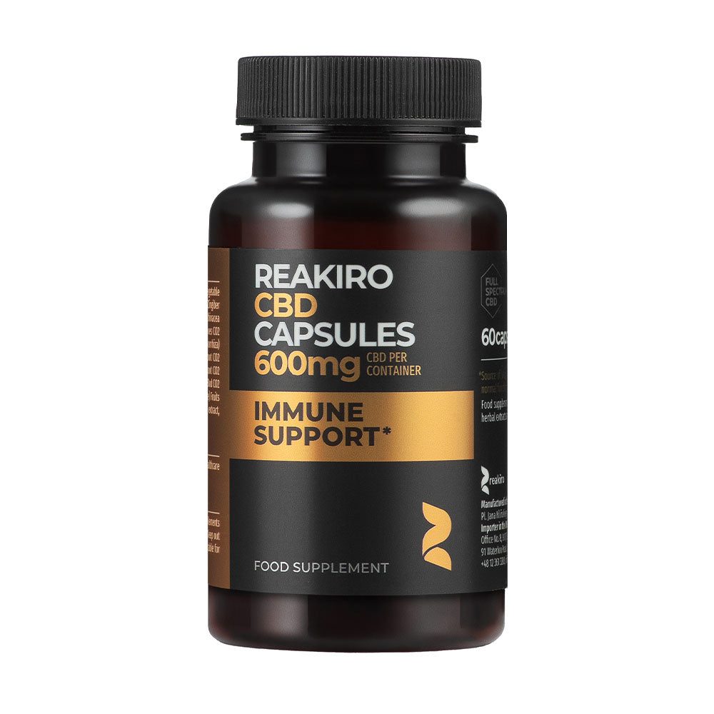 Kapsułki kannabidiol Immune Support 600 mg Reakiro, 60 sztuk z 10 mg kannabidiolu i olejem MCT na kapsułkę