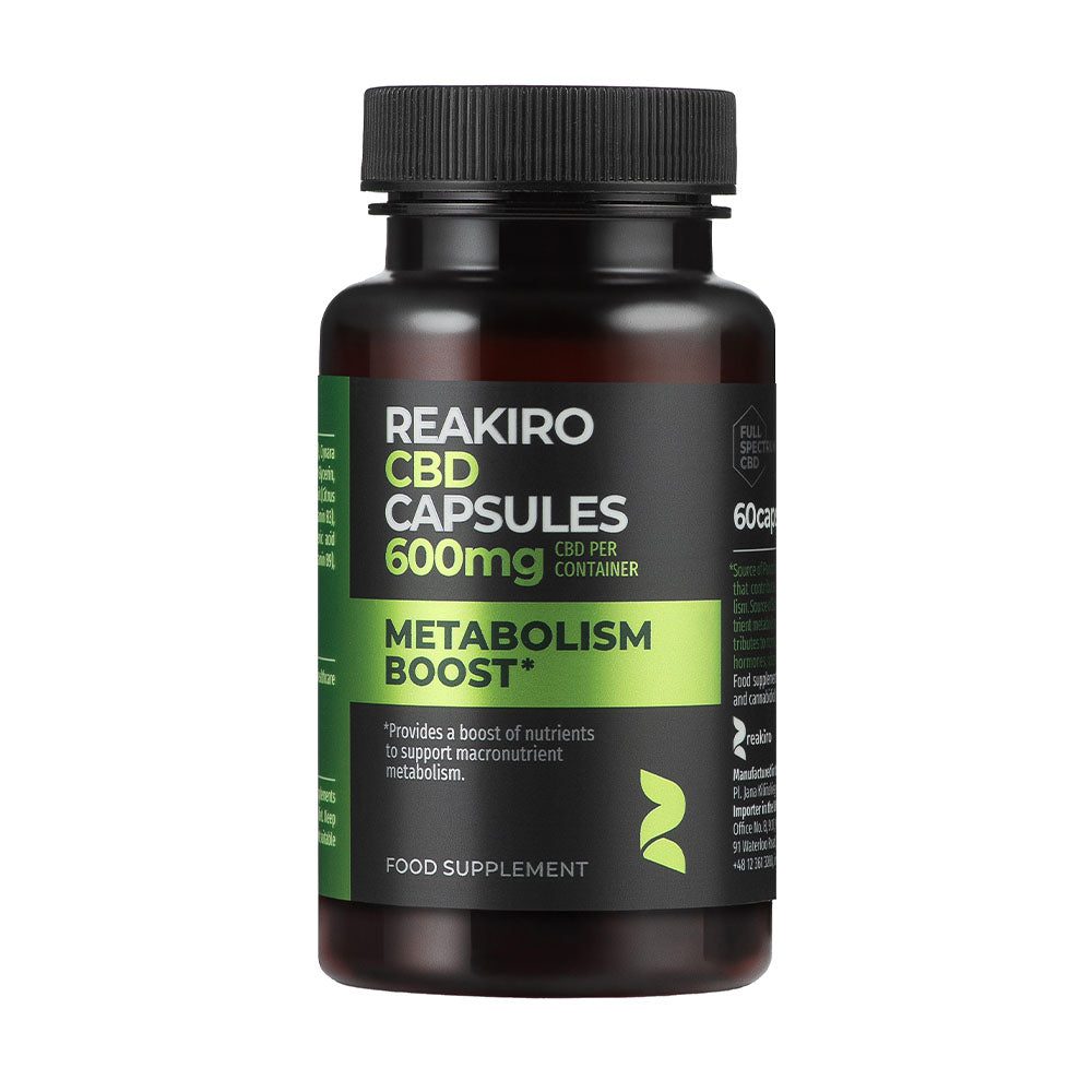 Kapsułki kannabidiol Metabolism Boost 600 mg Reakiro, 60 sztuk żelowych z 10 mg kannabidiolu i olejem MCT